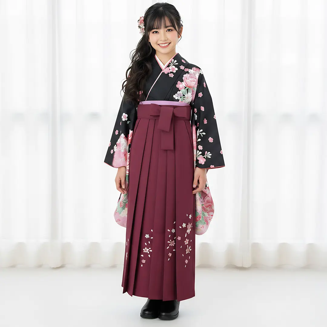 黒地に薔薇・臙脂袴（刺繍） （小学生）／卒業式