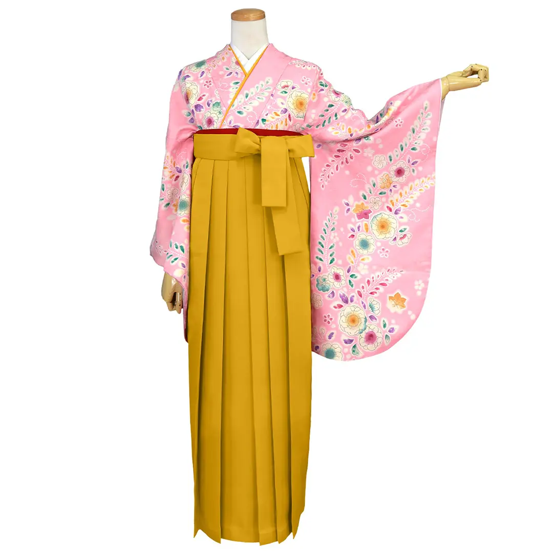 ピンク地に辻が花風・マスタード袴（無地） （二尺袖）／卒業式／正面