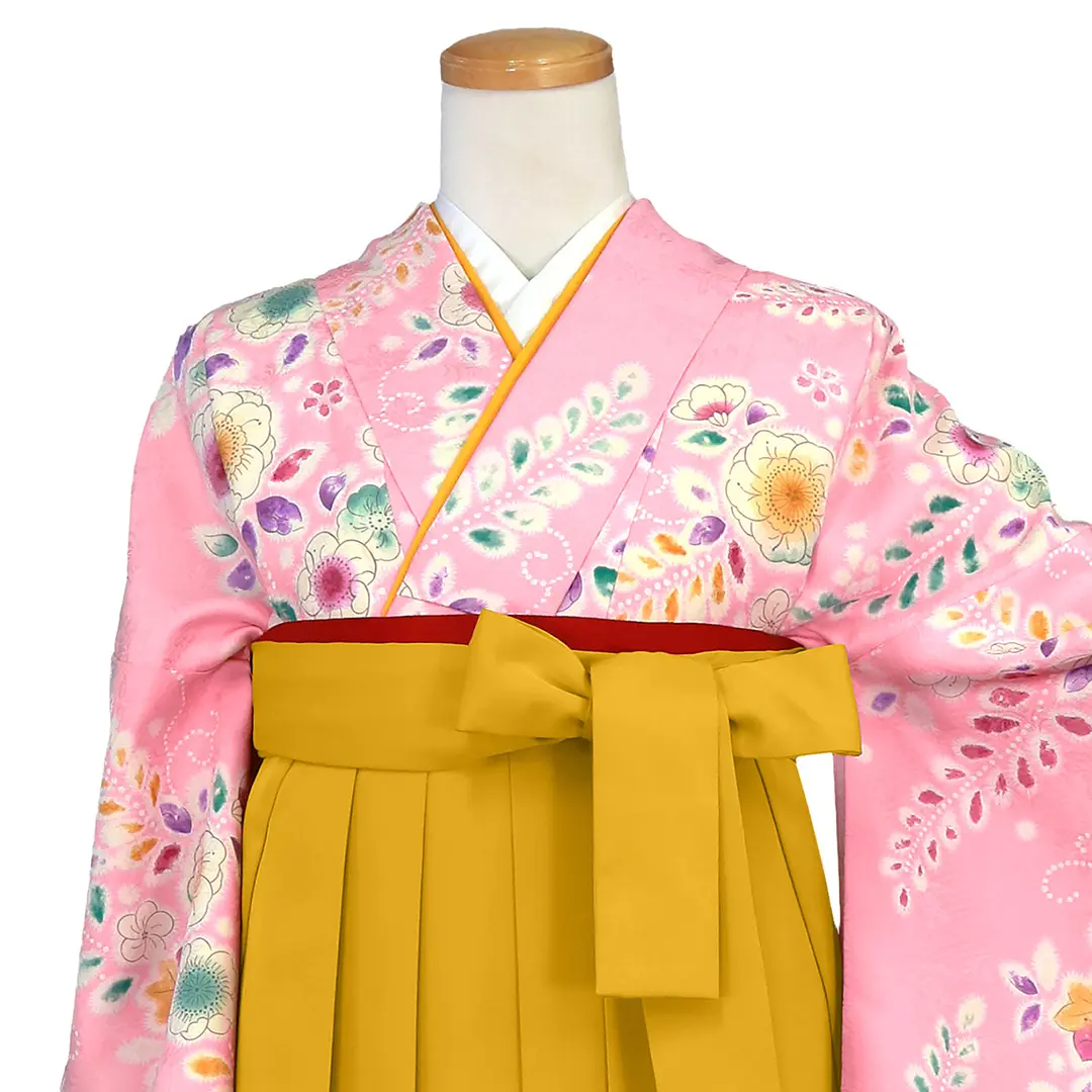 ピンク地に辻が花風・マスタード袴（無地） （二尺袖）／卒業式／正面詳細