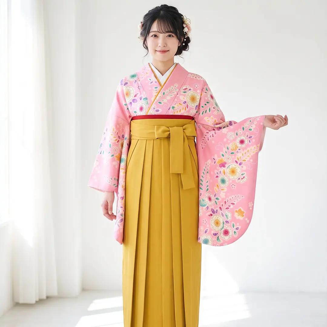 ピンク地に辻が花風・マスタード袴（無地） （二尺袖）／卒業式／着用イメージ