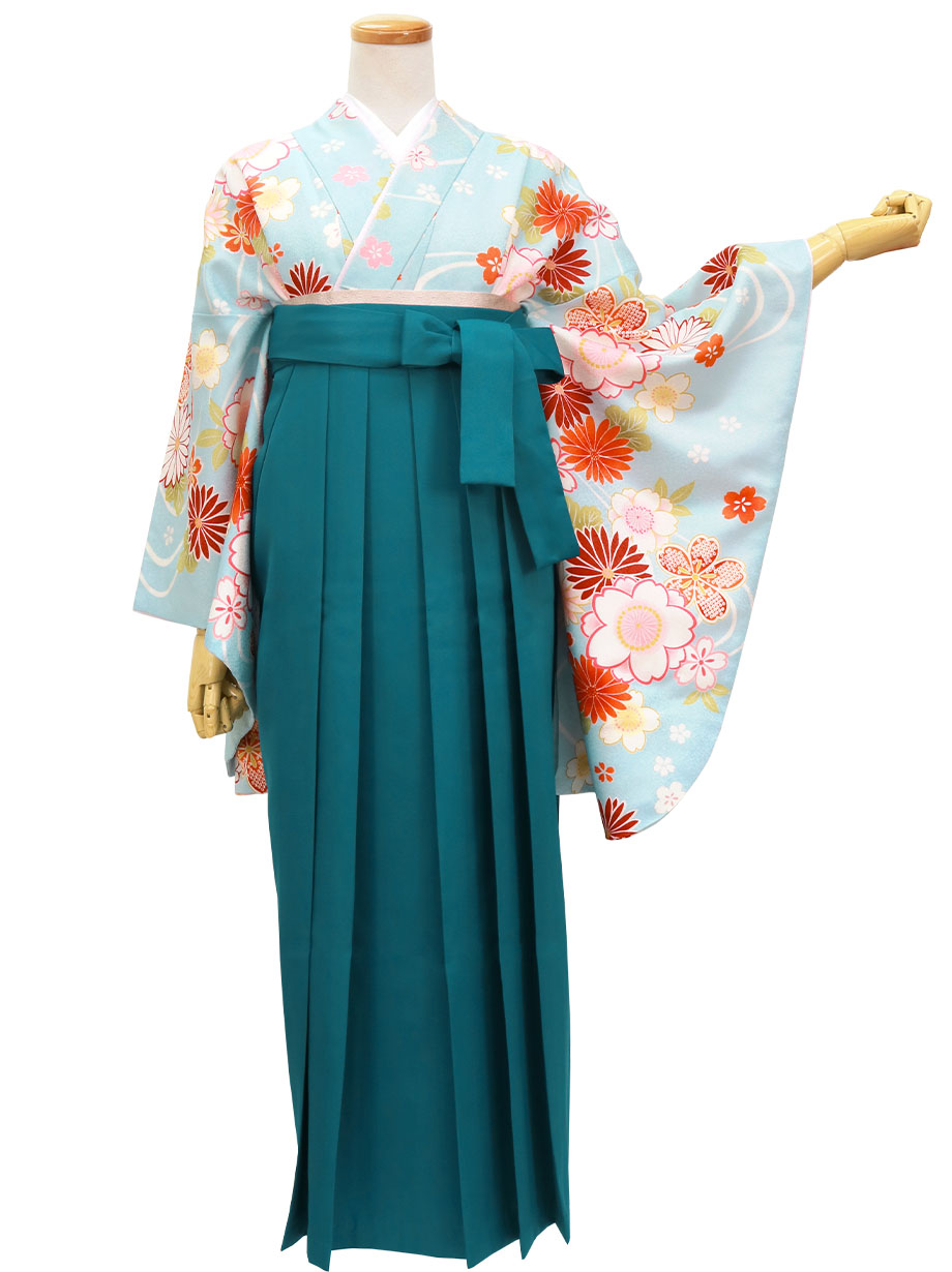 水色地に菊と桜・青袴（無地） （二尺袖）／卒業式 | 宅配着物