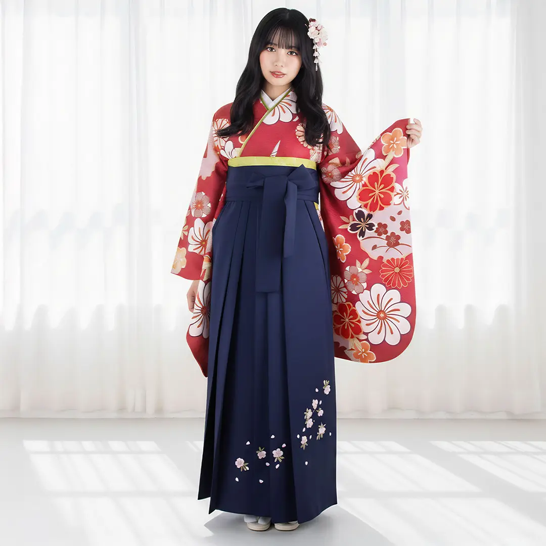 深い赤色地に桜と雪輪・紺袴（刺繍） （二尺袖）／卒業式 | 宅配着物