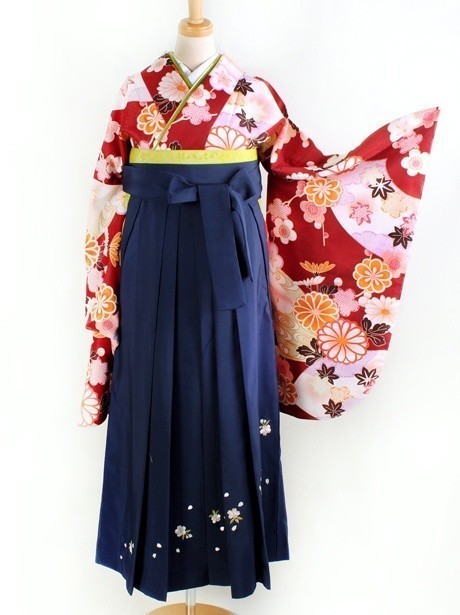 袴一式せット‼️豪快鷹刺繍圧巻金彩煌びやか輝く 赤茶地に地紙と菊・紺袴（刺繍） （二尺袖）／卒業式 | 宅配着物
