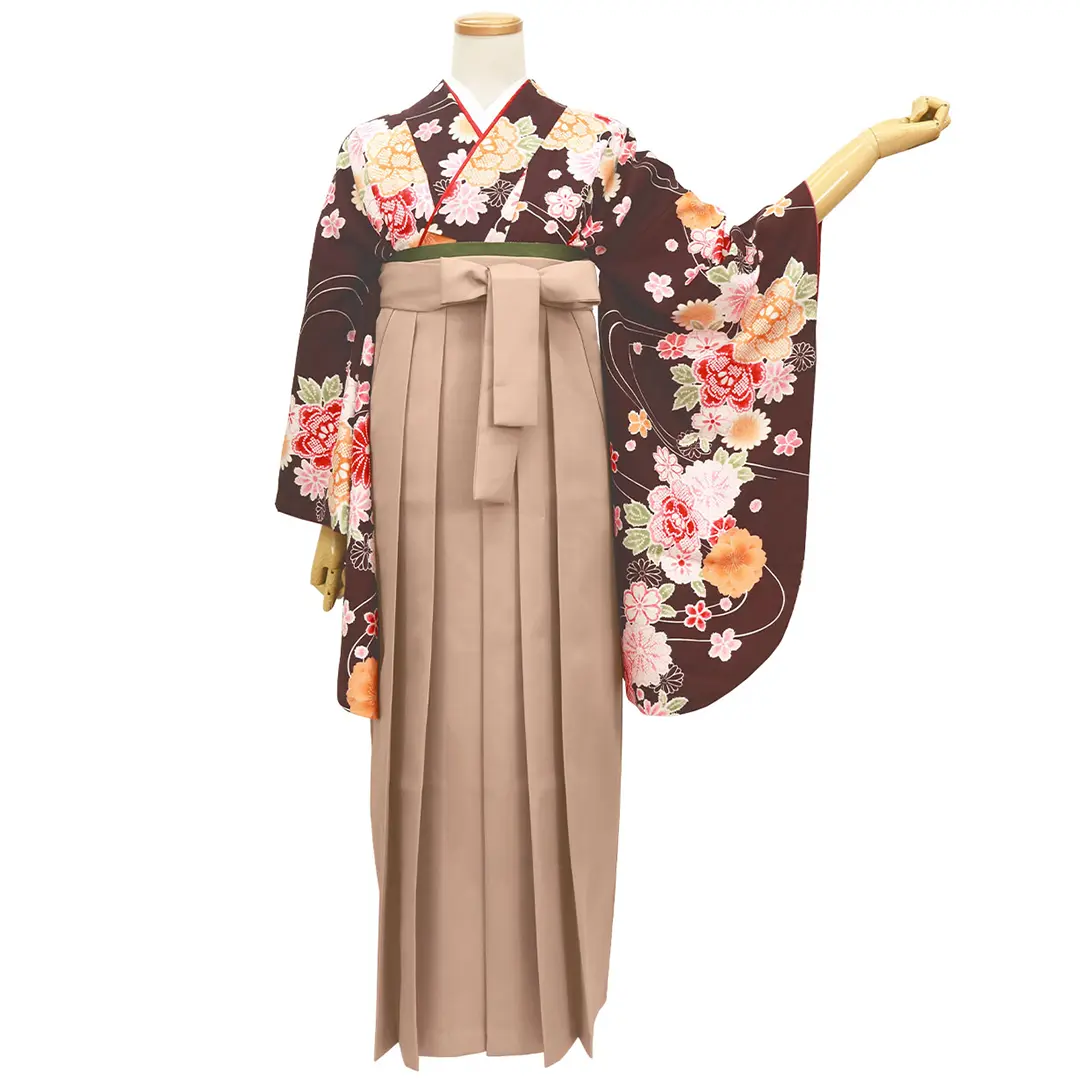 茶色に疋田柄の花・モカ袴（無地） （二尺袖）／卒業式／正面