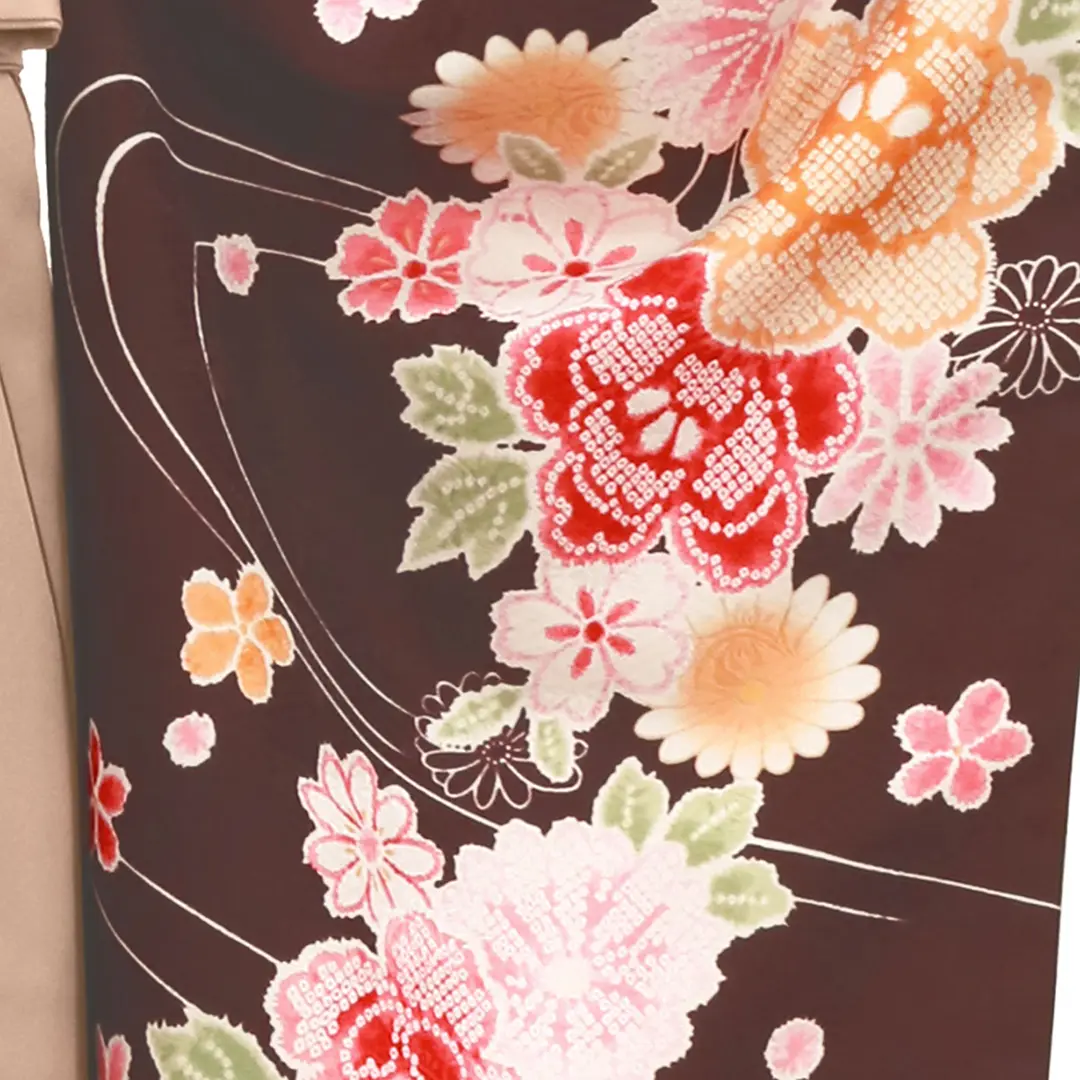 茶色に疋田柄の花・モカ袴（無地）（二尺袖）／卒業式／柄詳細