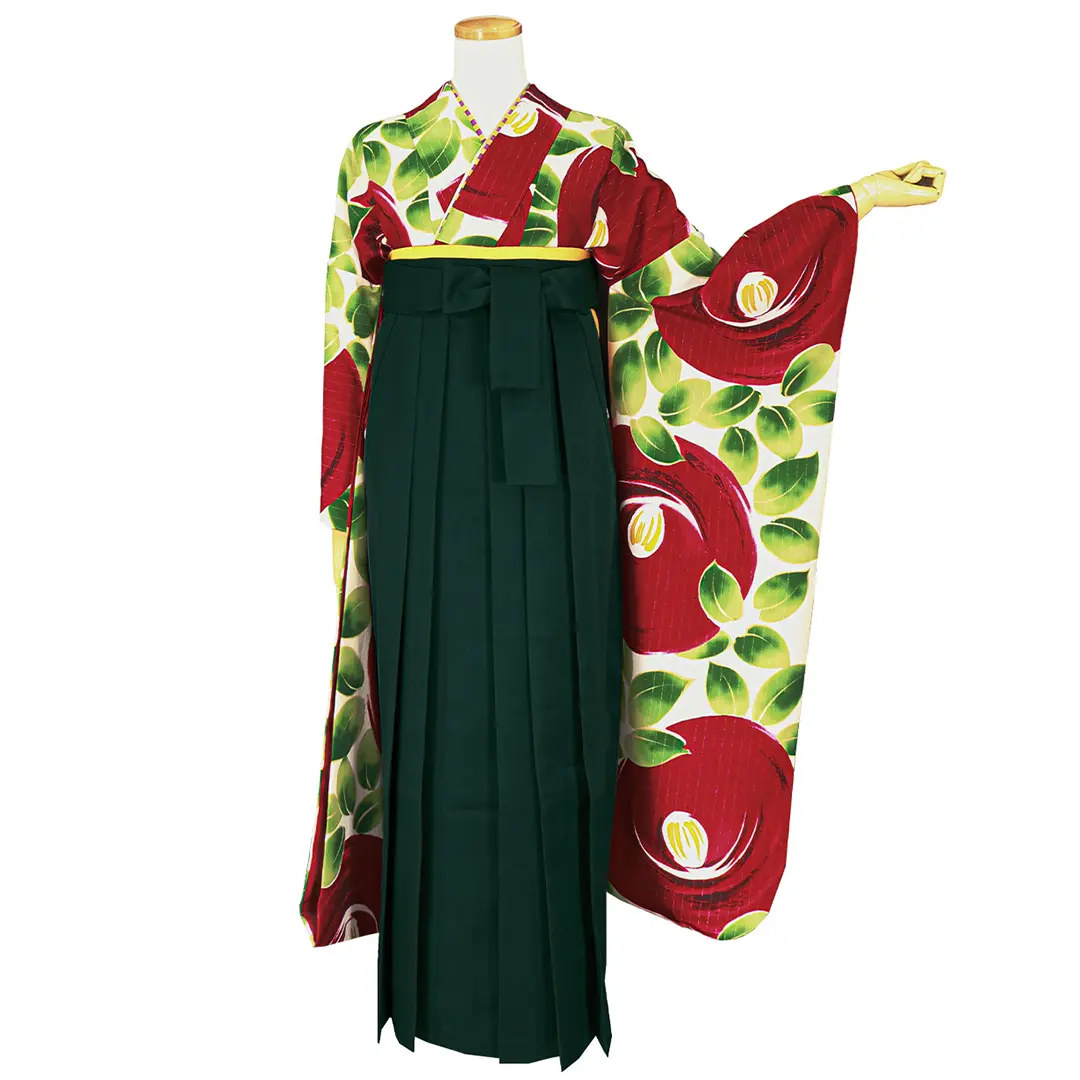 大正ロマンな大輪椿の振袖・緑袴（無地） （振袖）／卒業式／正面