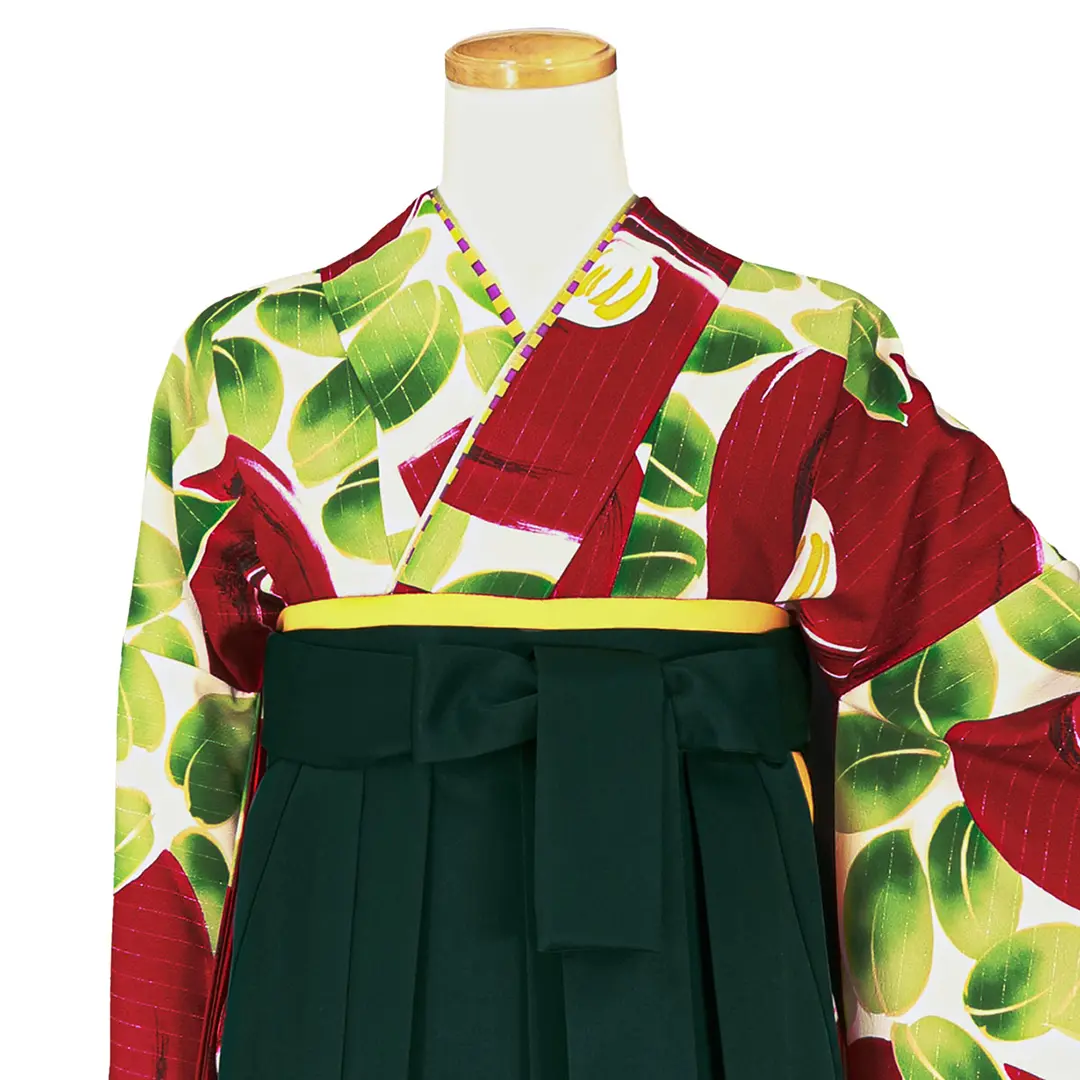 大正ロマンな大輪椿の振袖・緑袴（無地） （振袖）／卒業式 | 宅配着物