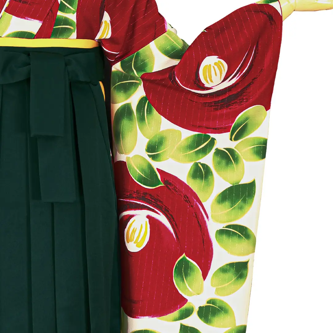 大正ロマンな大輪椿の振袖・緑袴（無地） （振袖）／卒業式／柄詳細