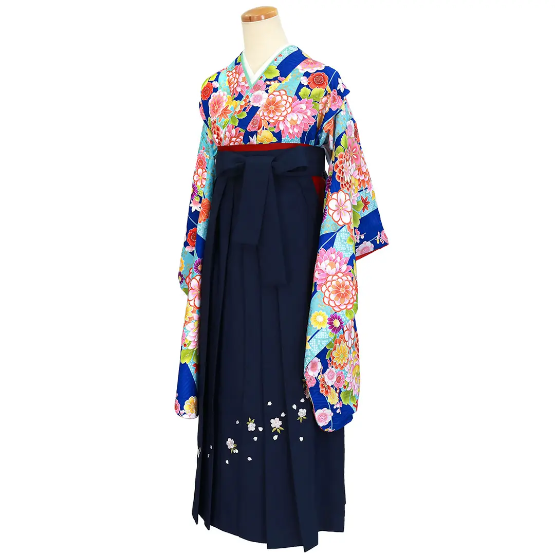 青地に矢絣と花・紺袴（刺繍） （小学生）／卒業式 | 宅配着物レンタル