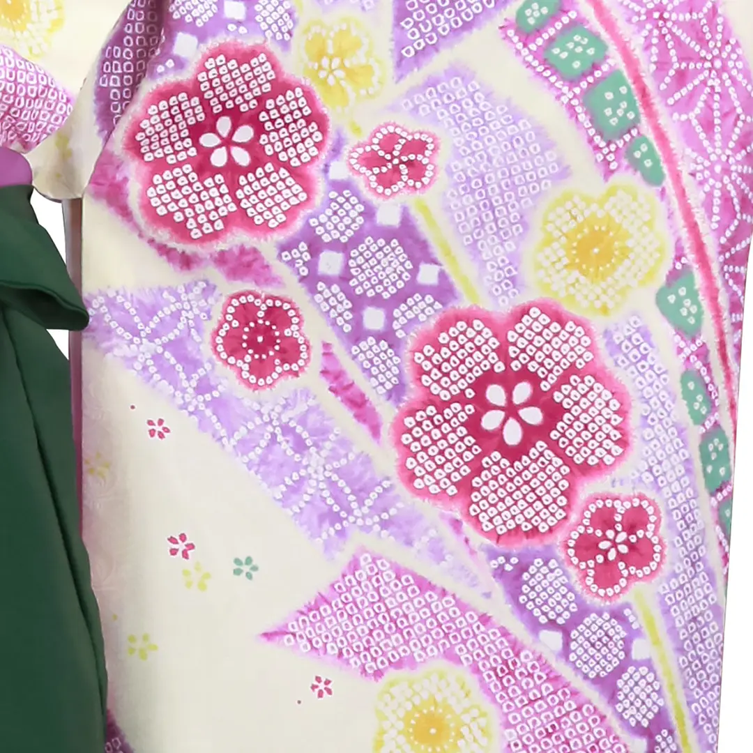 白地に染め疋田・緑袴（刺繍）（小学生）／卒業式／柄詳細