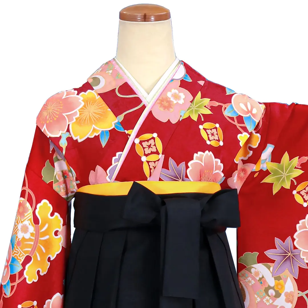 赤地に桜と宝尽くし・黒袴（刺繍） （小学生）／卒業式 | 宅配着物