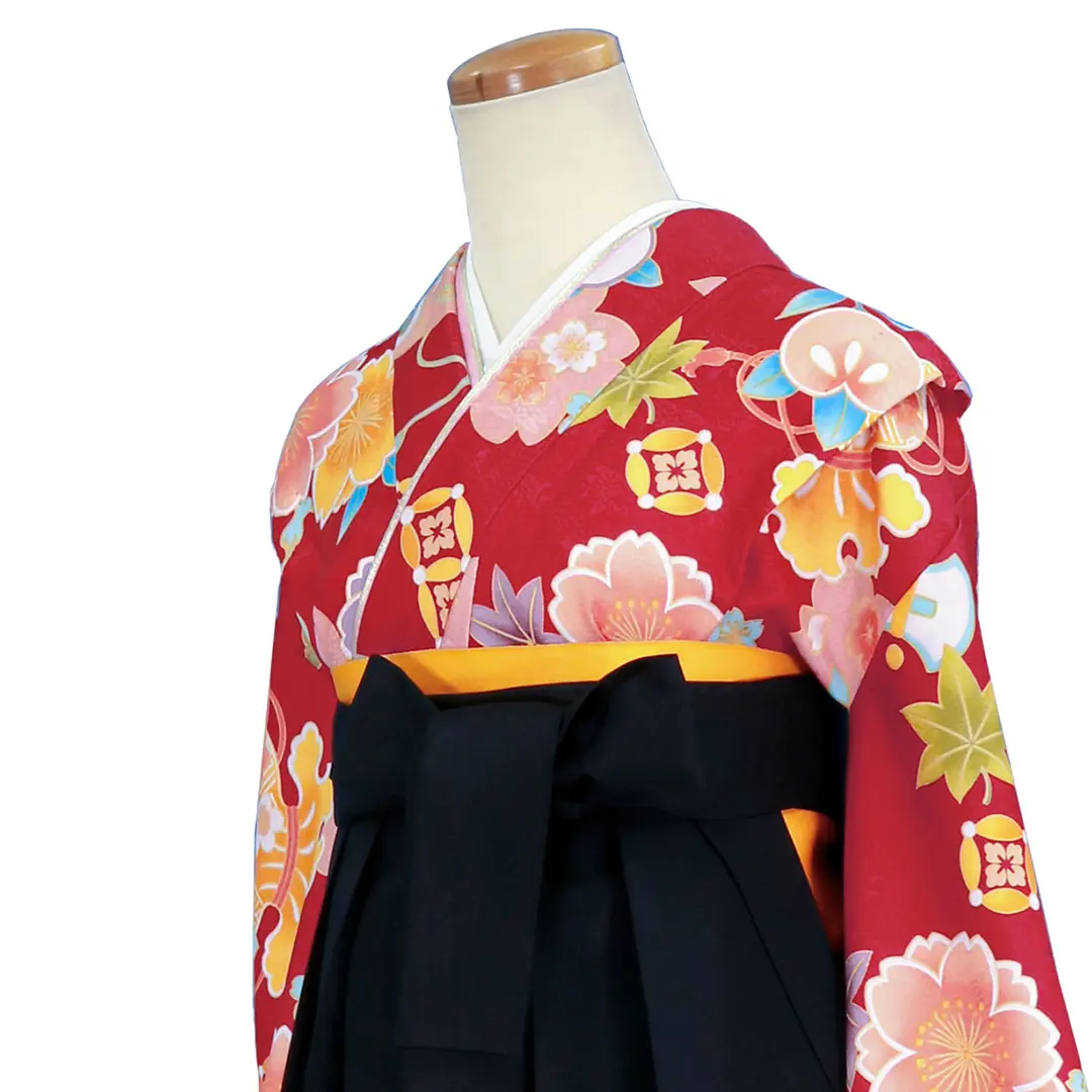赤地に桜と宝尽くし・黒袴（刺繍）（小学生）／卒業式／斜め詳細