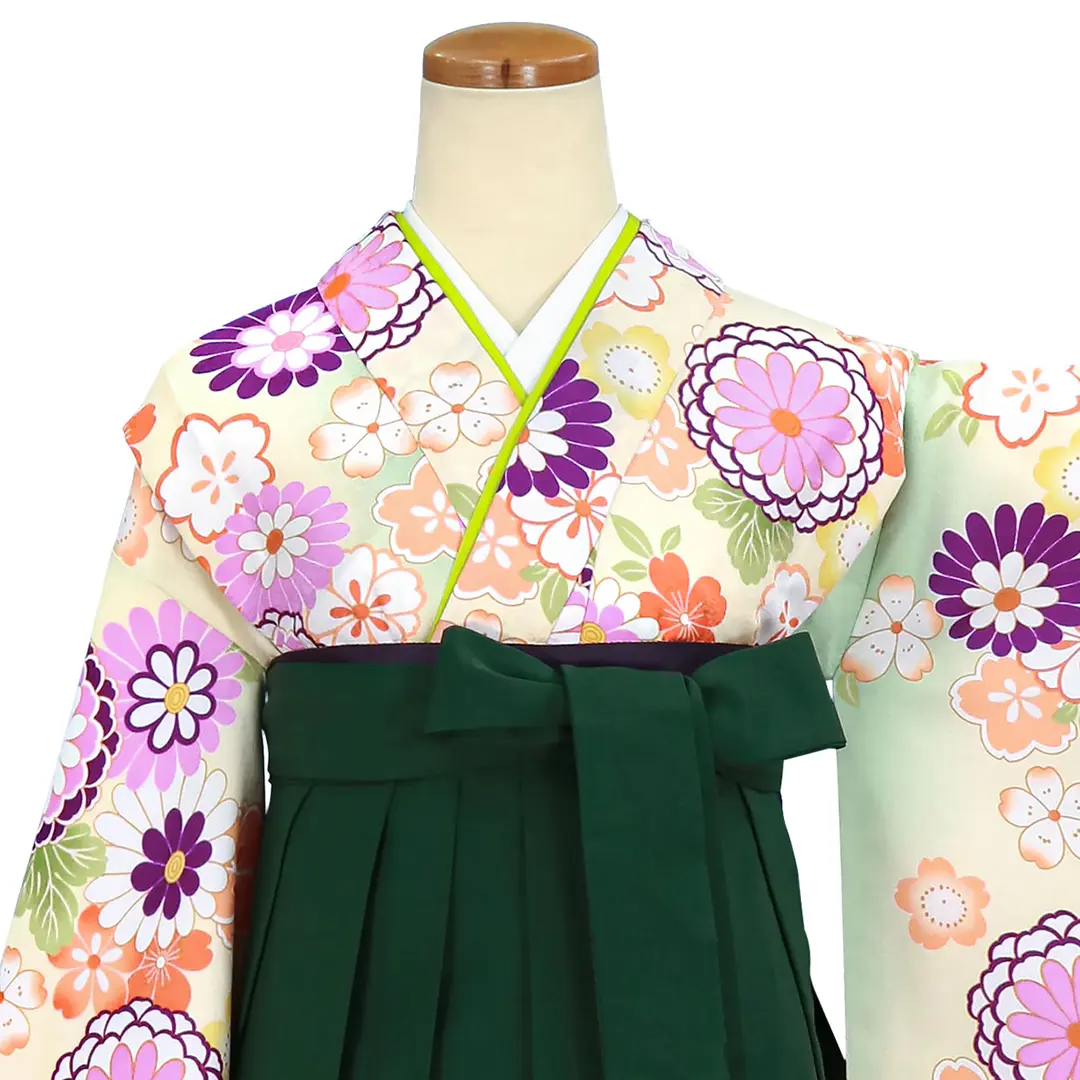 アイボリー地に菊と桜・緑袴（刺繍） （小学生）／卒業式／正面詳細