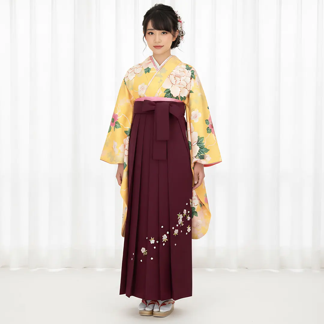 黄色地に牡丹・臙脂袴（刺繍） （小学生）／卒業式 | 宅配着物レンタル
