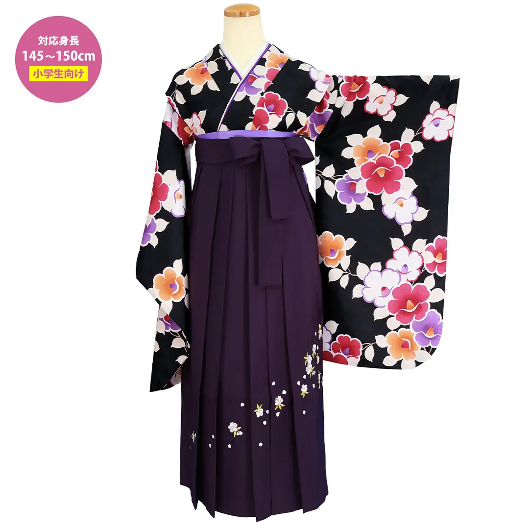 黒地に椿・紫袴（刺繍） （小学生）／卒業式 | 宅配着物レンタルの京都