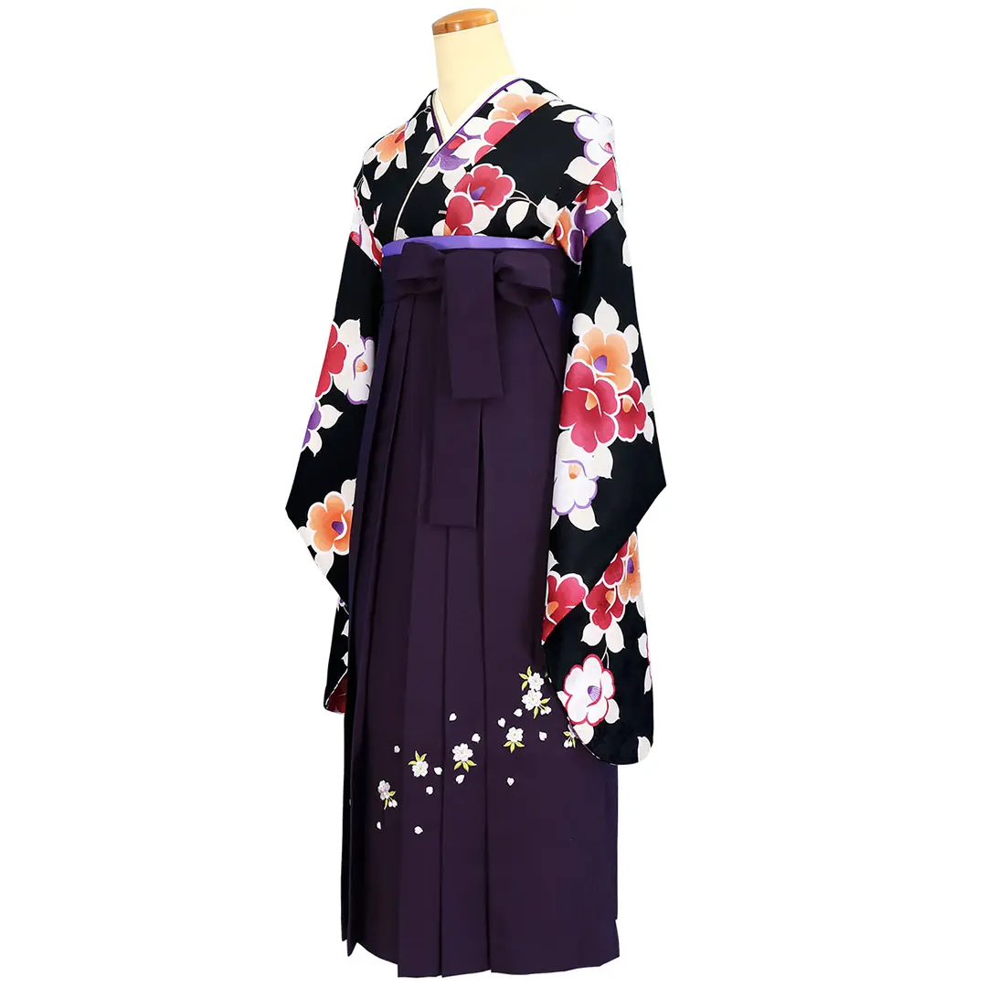 黒地に椿・紫袴（刺繍） （小学生）／卒業式 | 宅配着物レンタルの京都