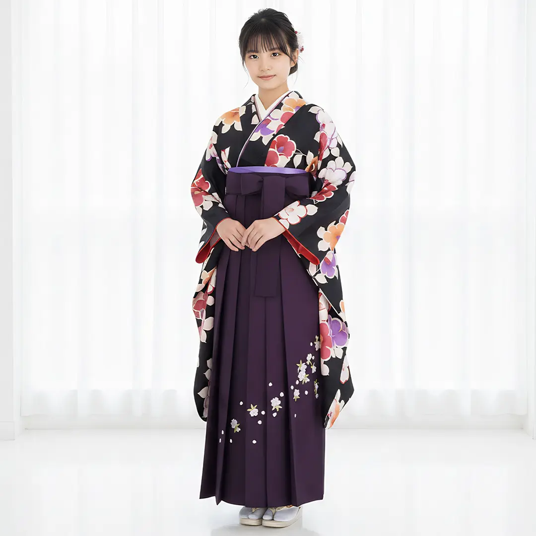 黒地に椿・紫袴（刺繍） （小学生）／卒業式 | 宅配着物レンタルの京都