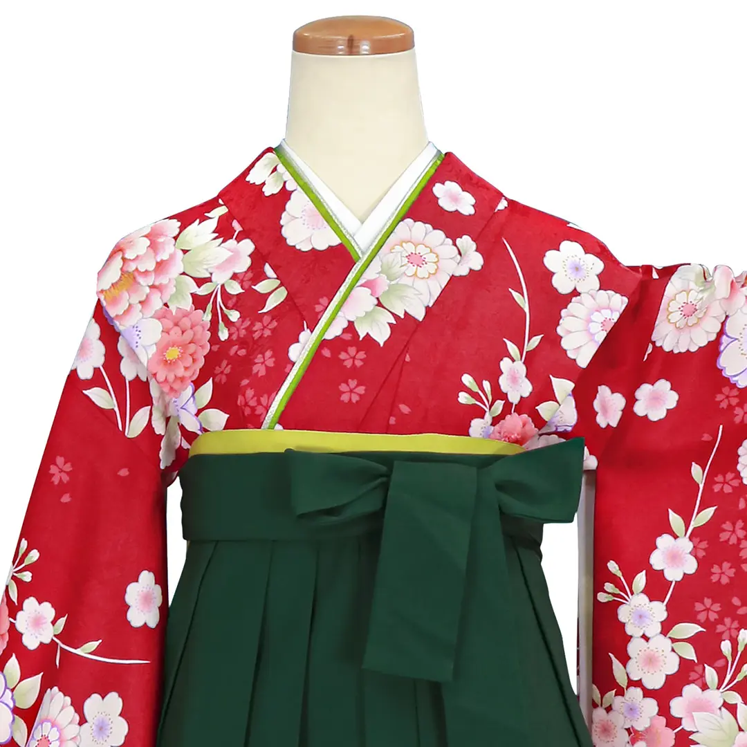 赤地に花尽くし・緑袴（刺繍）（小学生）／卒業式／正面詳細