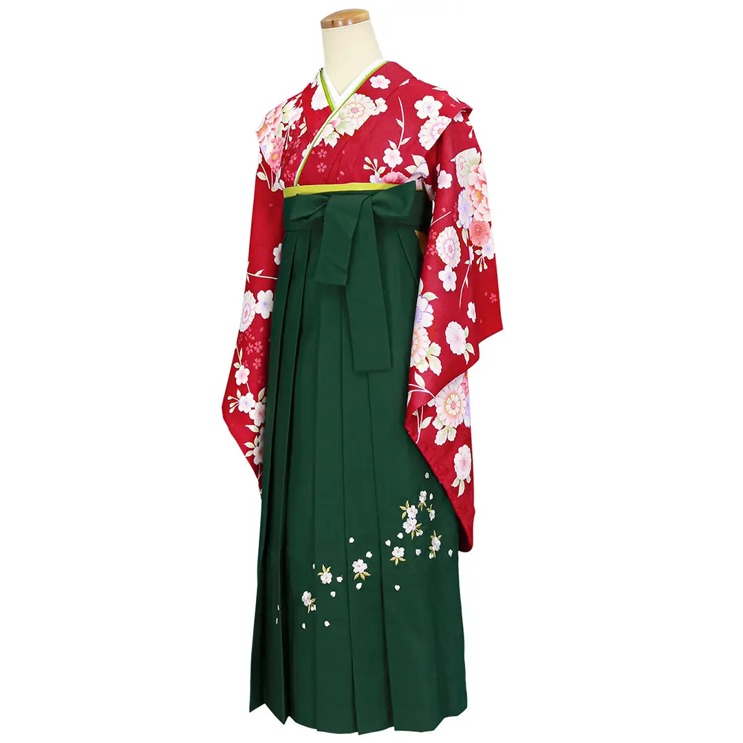 赤地に花尽くし・緑袴（刺繍） （小学生）／卒業式／斜め