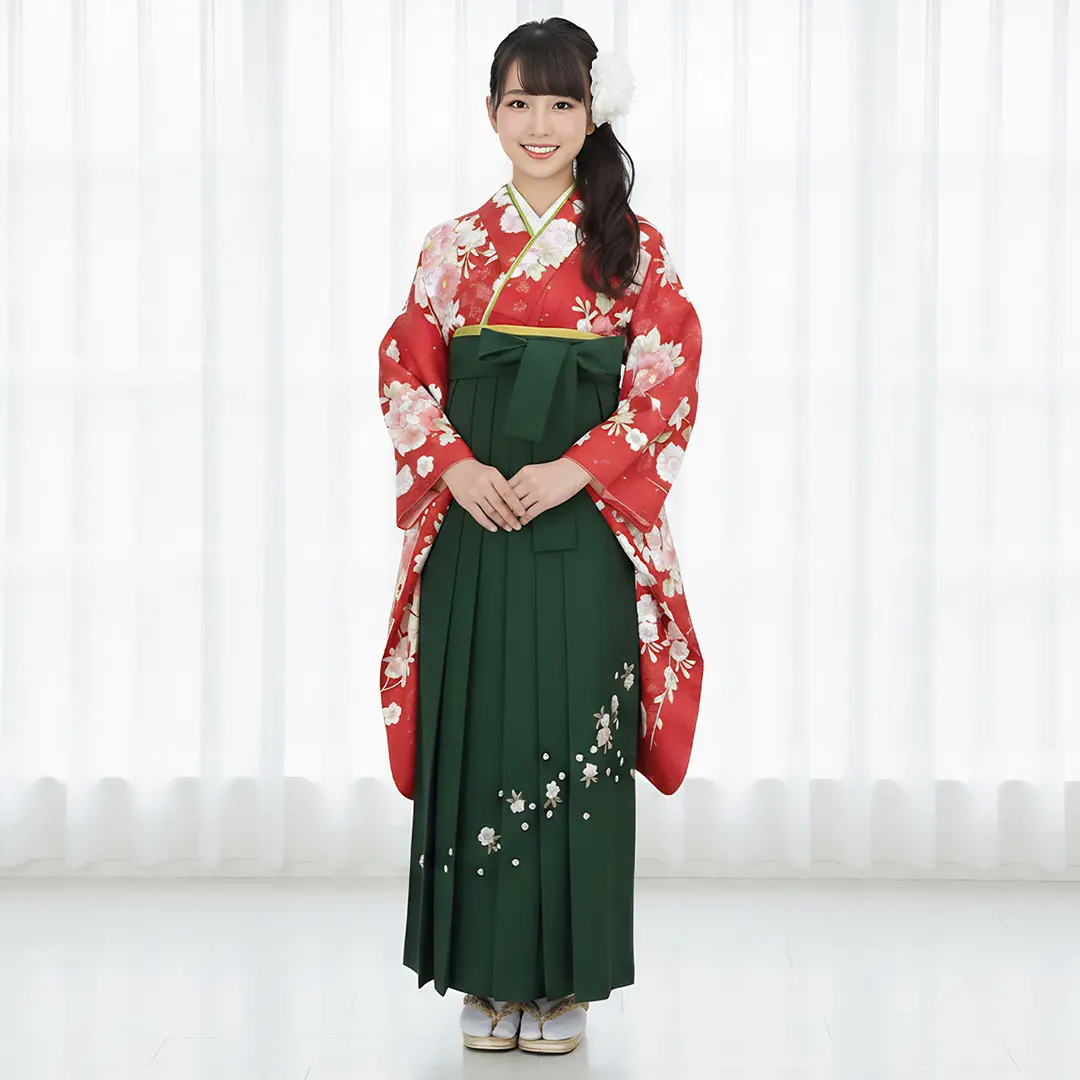 赤地に花尽くし・緑袴（刺繍） （小学生）／卒業式／着用イメージ