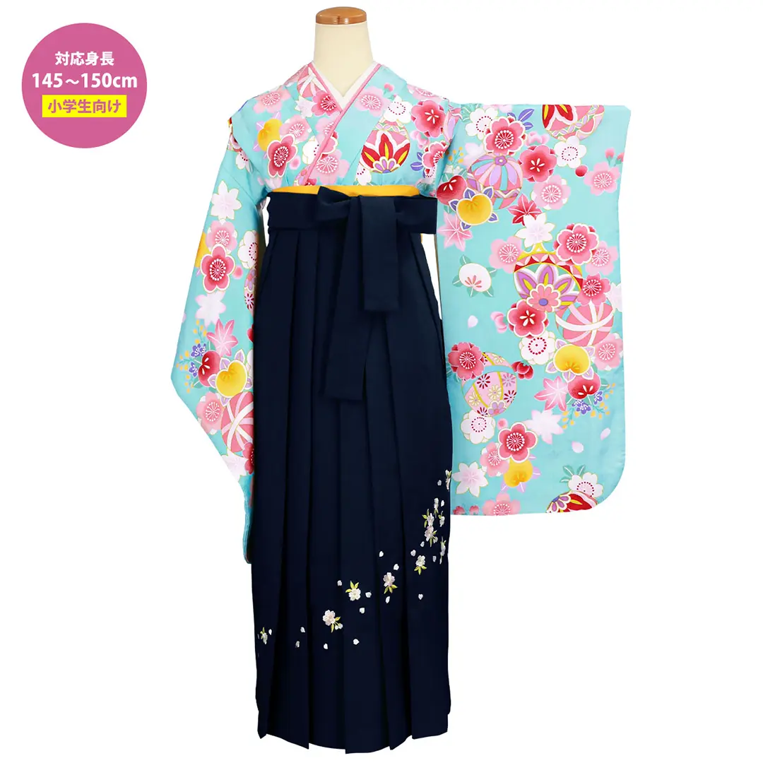 水色地に鞠と桜・紺袴（刺繍） （小学生）／卒業式 | 宅配着物レンタル