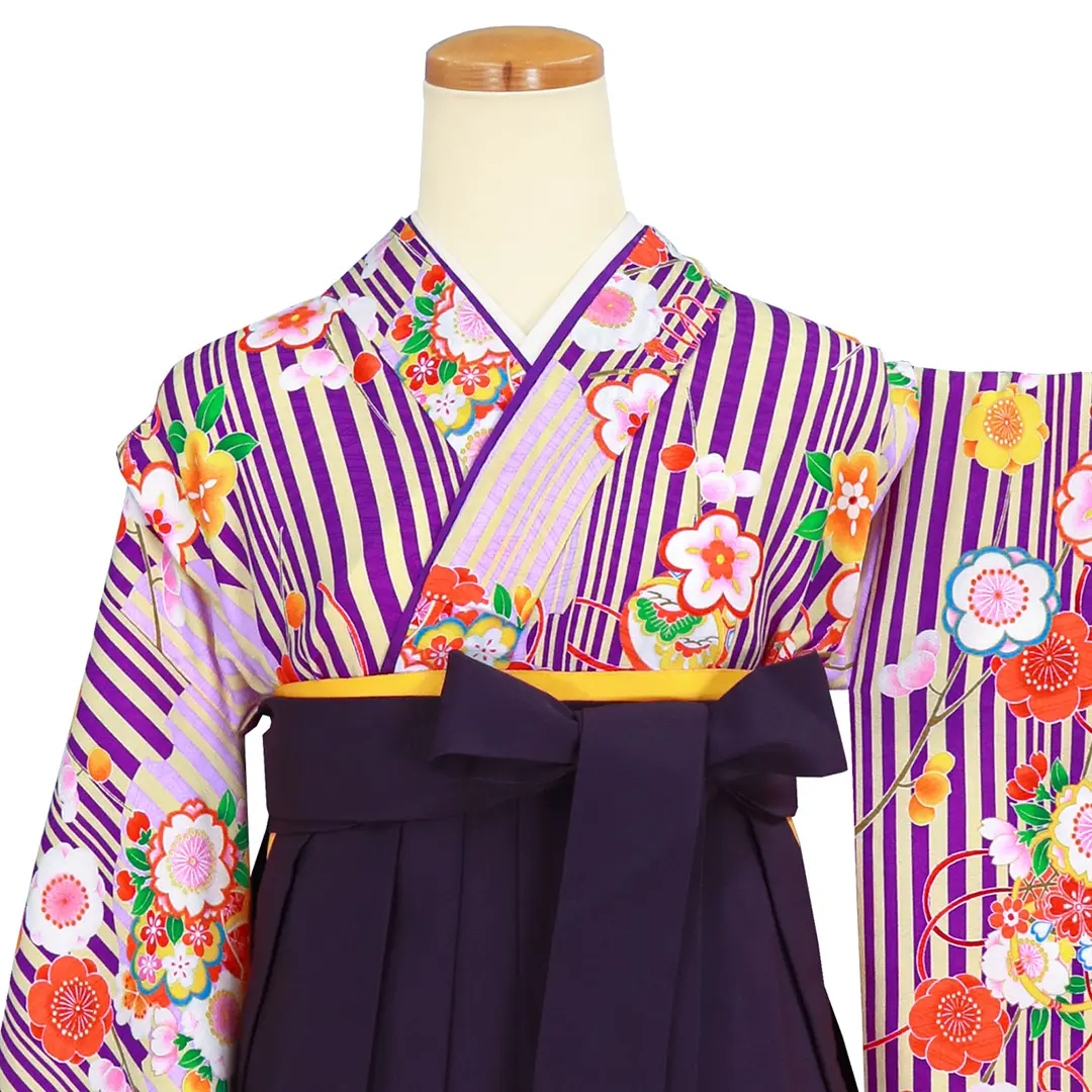 紫地に縞と花・紫袴（刺繍）（小学生）／卒業式／正面詳細