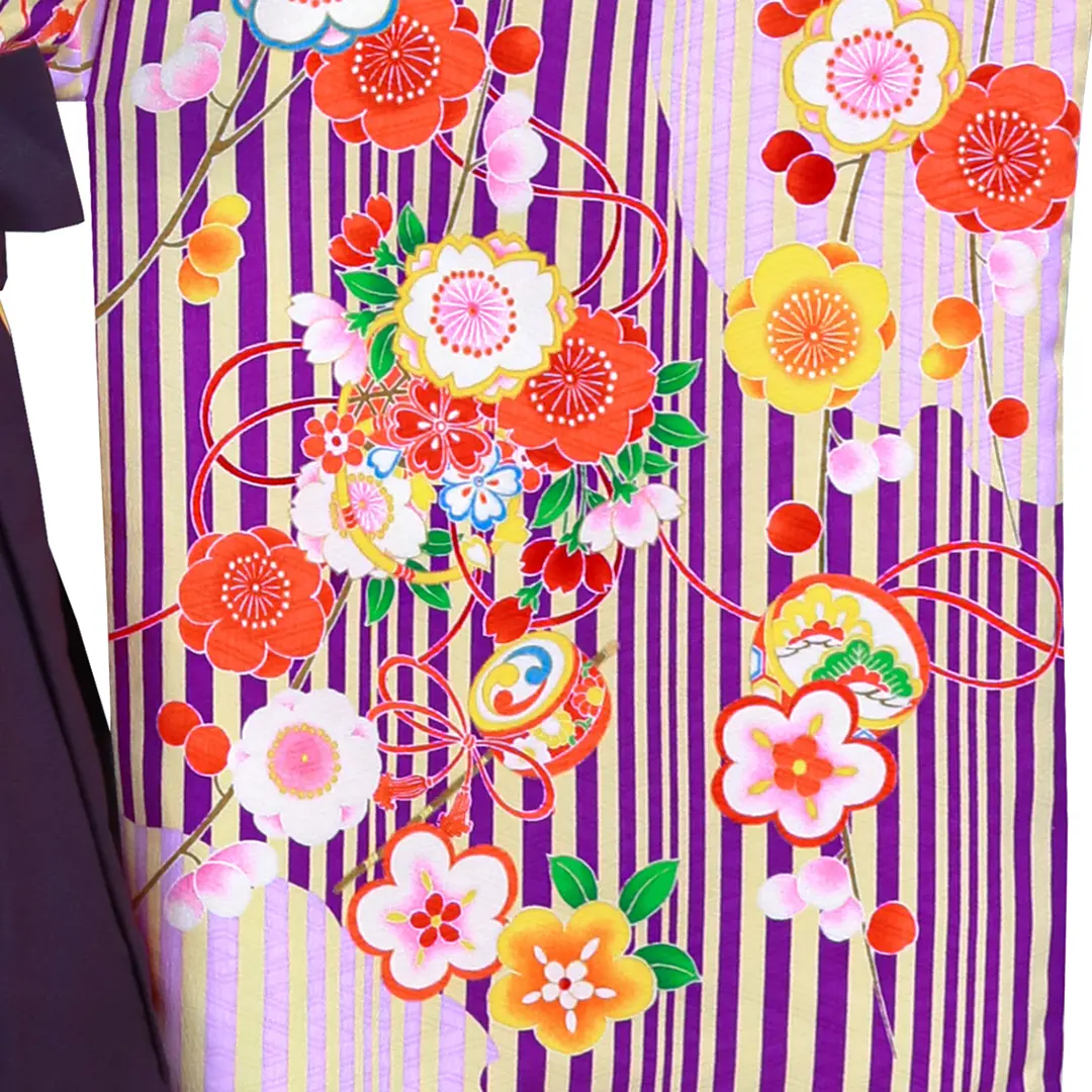 紫地に縞と花・紫袴（刺繍）（小学生）／卒業式／柄詳細