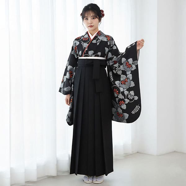 黒地に染め疋田と橘・黒袴（無地） （二尺袖）／卒業式