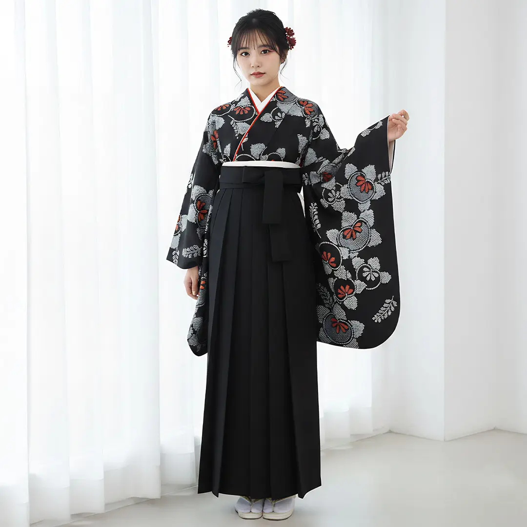 黒地に染め疋田と橘・黒袴（無地） （二尺袖）／卒業式／着用イメージ