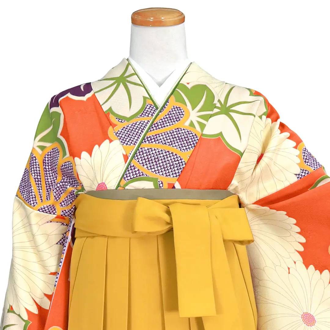 手描き風橙色に菊と紅葉の振袖・マスタード袴（無地） （振袖）／卒業