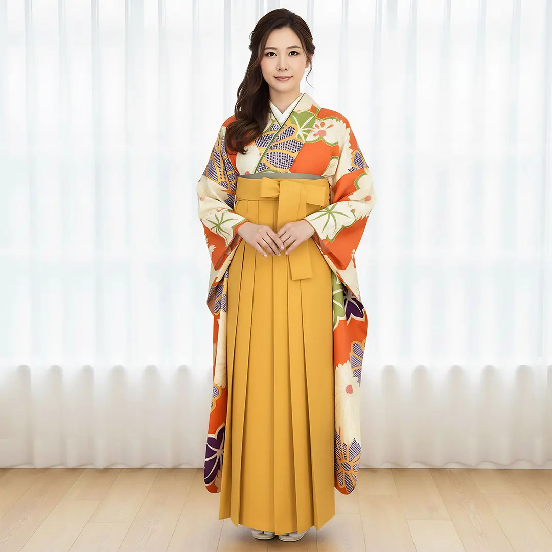 手描き風橙色に菊と紅葉の振袖・マスタード袴（無地） （振袖）／卒業