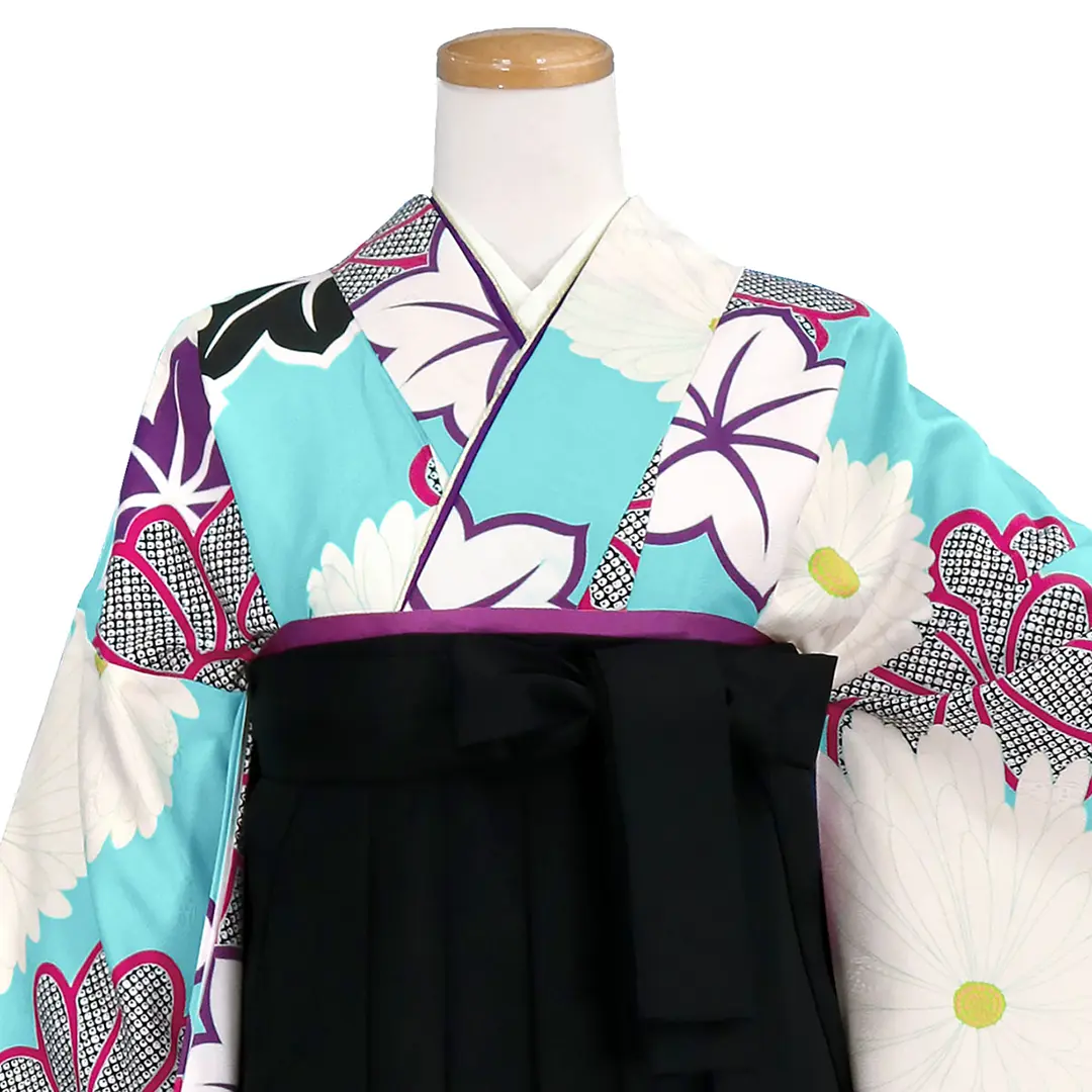 手描き風水色に菊と紅葉の振袖・黒袴（無地） （振袖）／卒業式／正面詳細