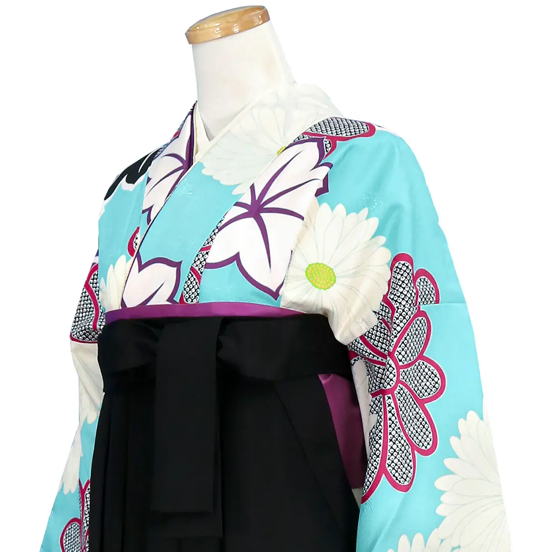 手描き風水色に菊と紅葉の振袖・黒袴（無地） （振袖）／卒業式／斜め詳細