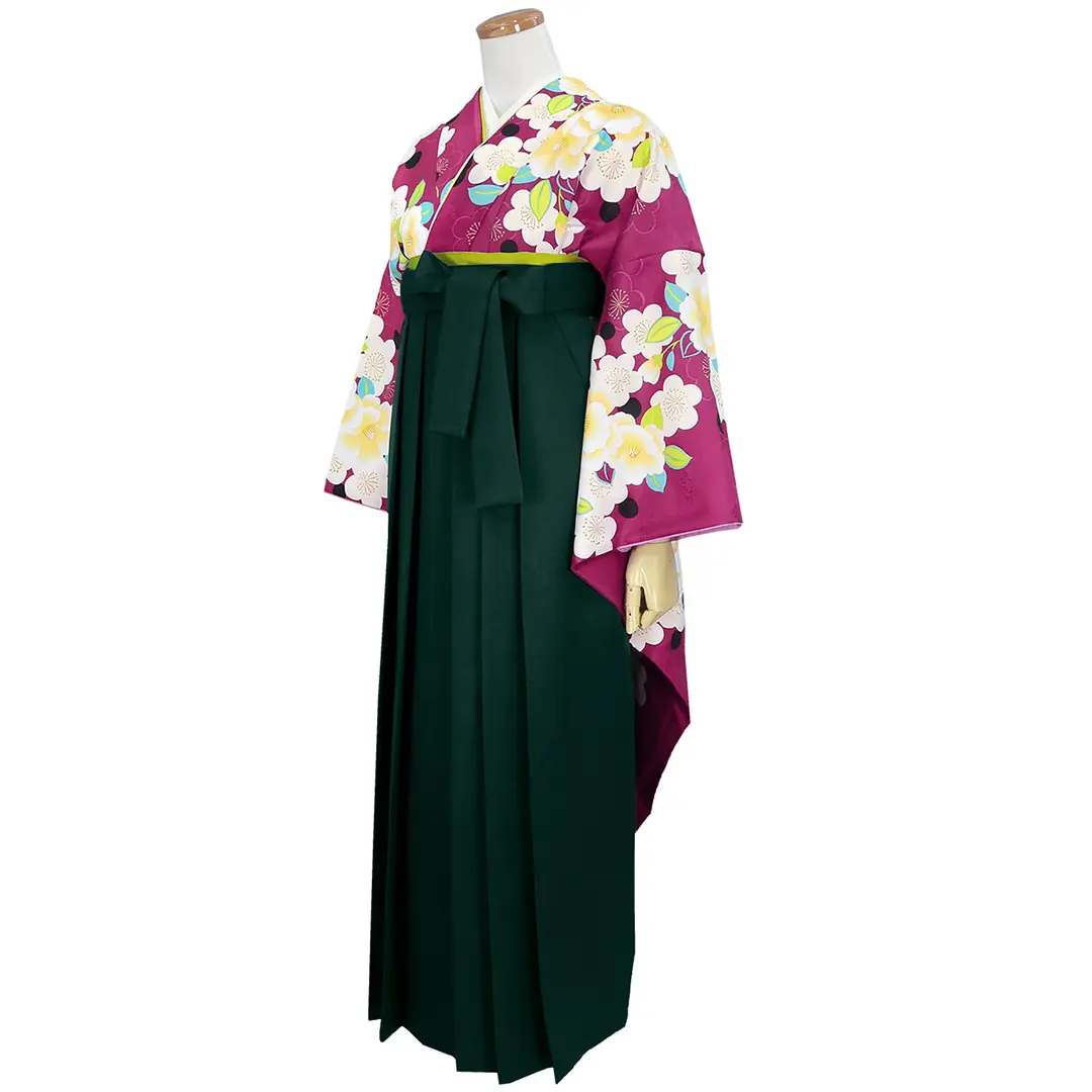 赤紫地に牡丹と梅の振袖・緑袴（無地） （振袖）／卒業式 | 宅配着物