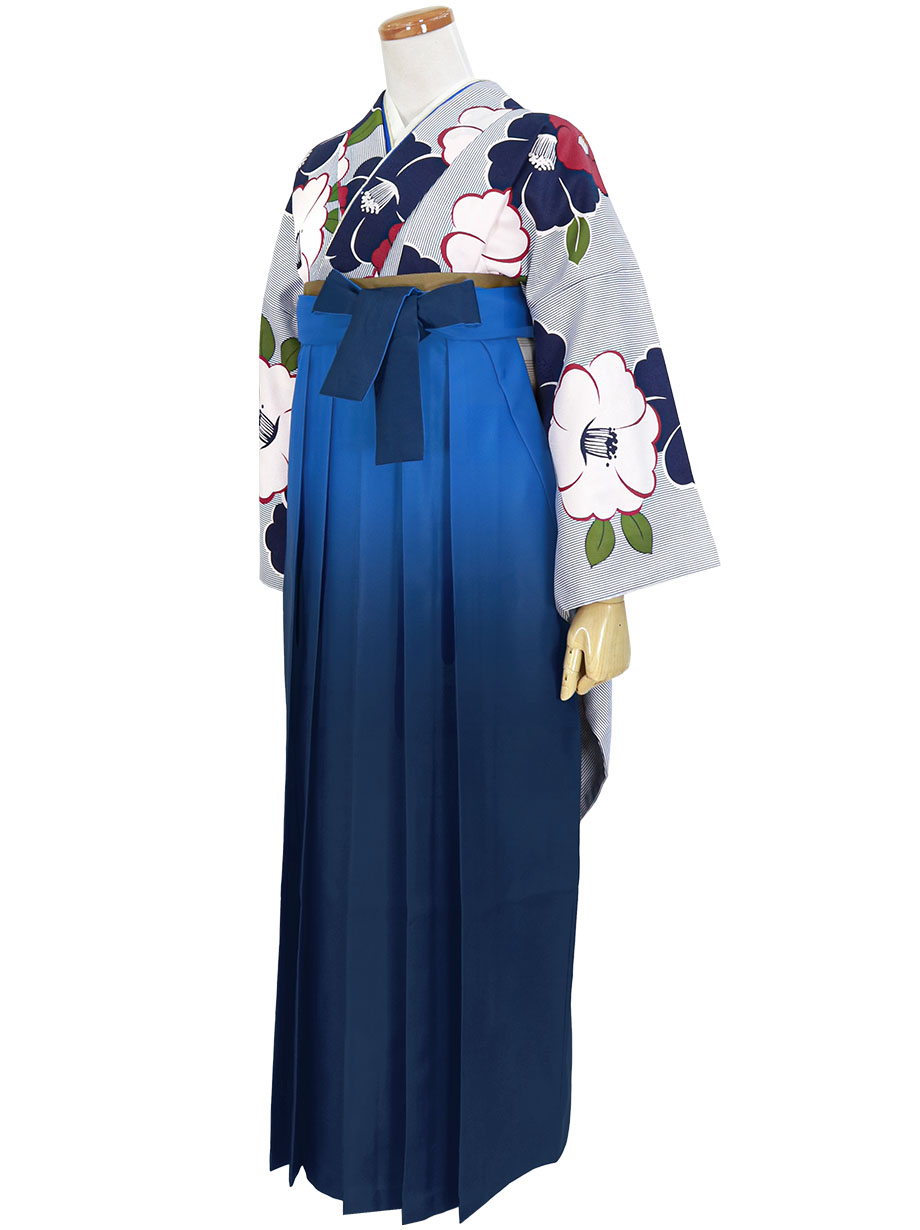 白地に紺の万筋に椿の振袖・青袴（ぼかし） （振袖）／卒業式