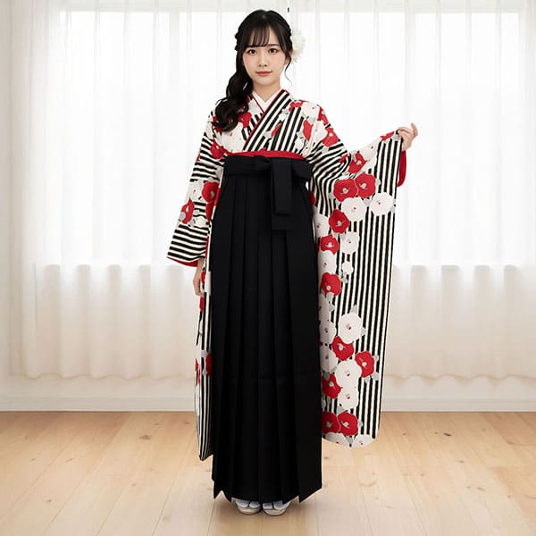 白と黒の縞に紅白の椿の振袖・黒袴（無地） （振袖）／卒業式 | 宅配