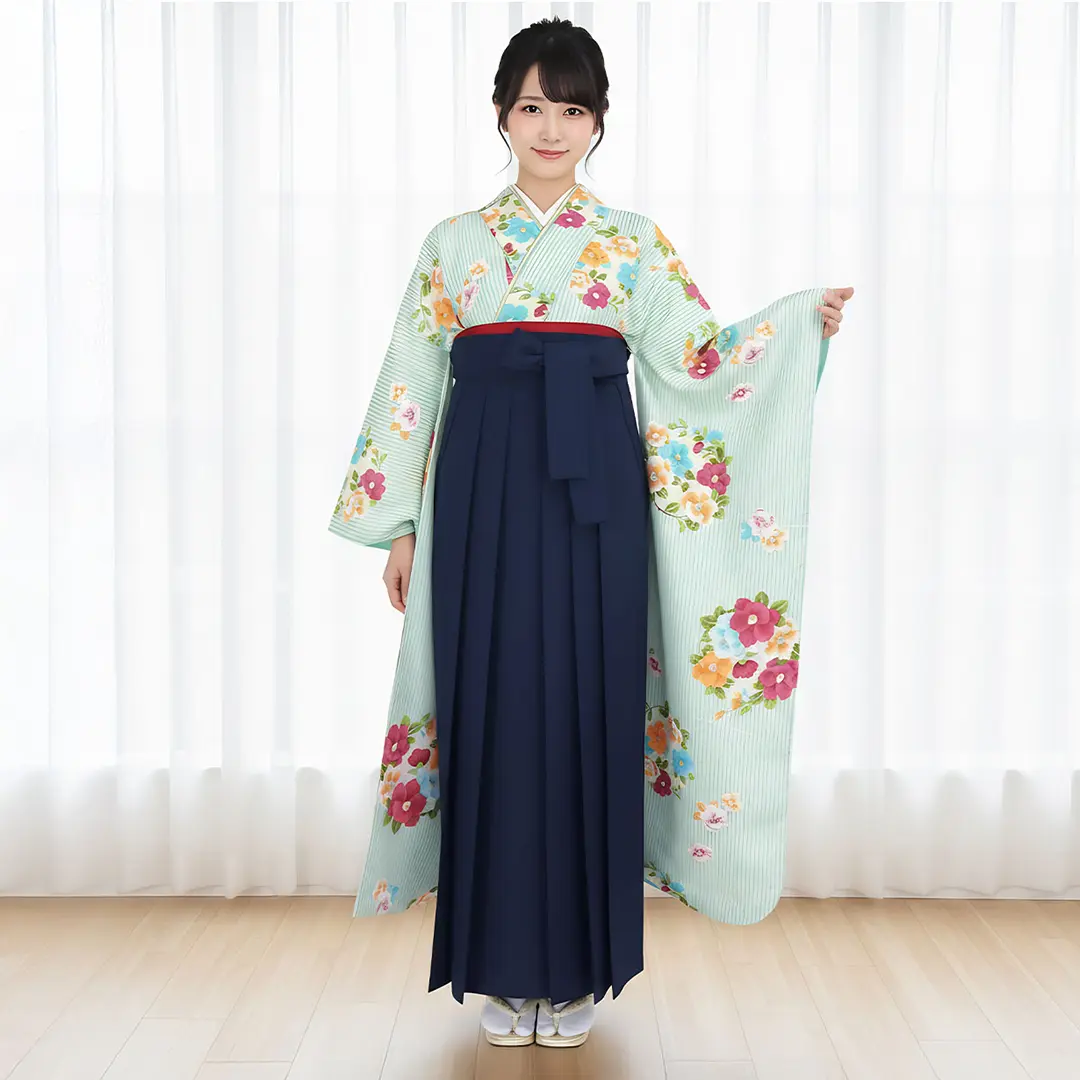 クリーム地に水色の縦縞と椿の振袖・紺袴（無地） （振袖）／卒業式