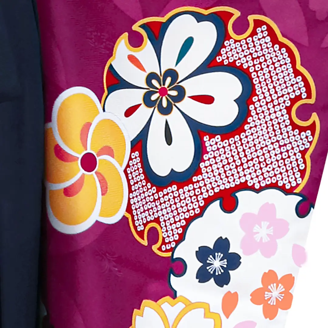 紫地に雪輪の中に鹿の子と桜の振袖・紺袴（無地） （振袖）／卒業式
