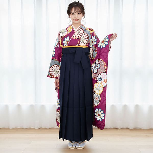 紫地に雪輪の中に鹿の子と桜の振袖・紺袴（無地） （振袖）／卒業式