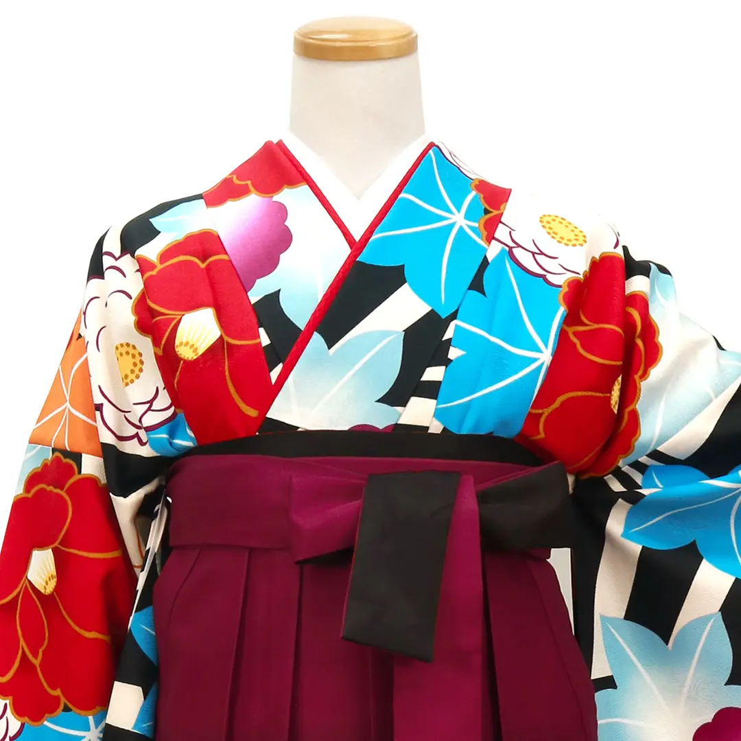 黒地に椿と紅葉の振袖・赤袴（ぼかし） （振袖）／卒業式／正面詳細