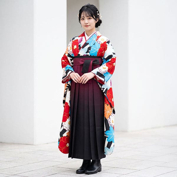 黒地に椿と紅葉の振袖・赤袴（ぼかし） （振袖）／卒業式 | 宅配着物 