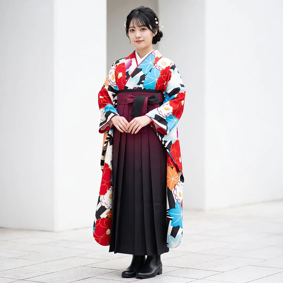 黒地に椿と紅葉の振袖・赤袴（ぼかし） （振袖）／卒業式／着用イメージ