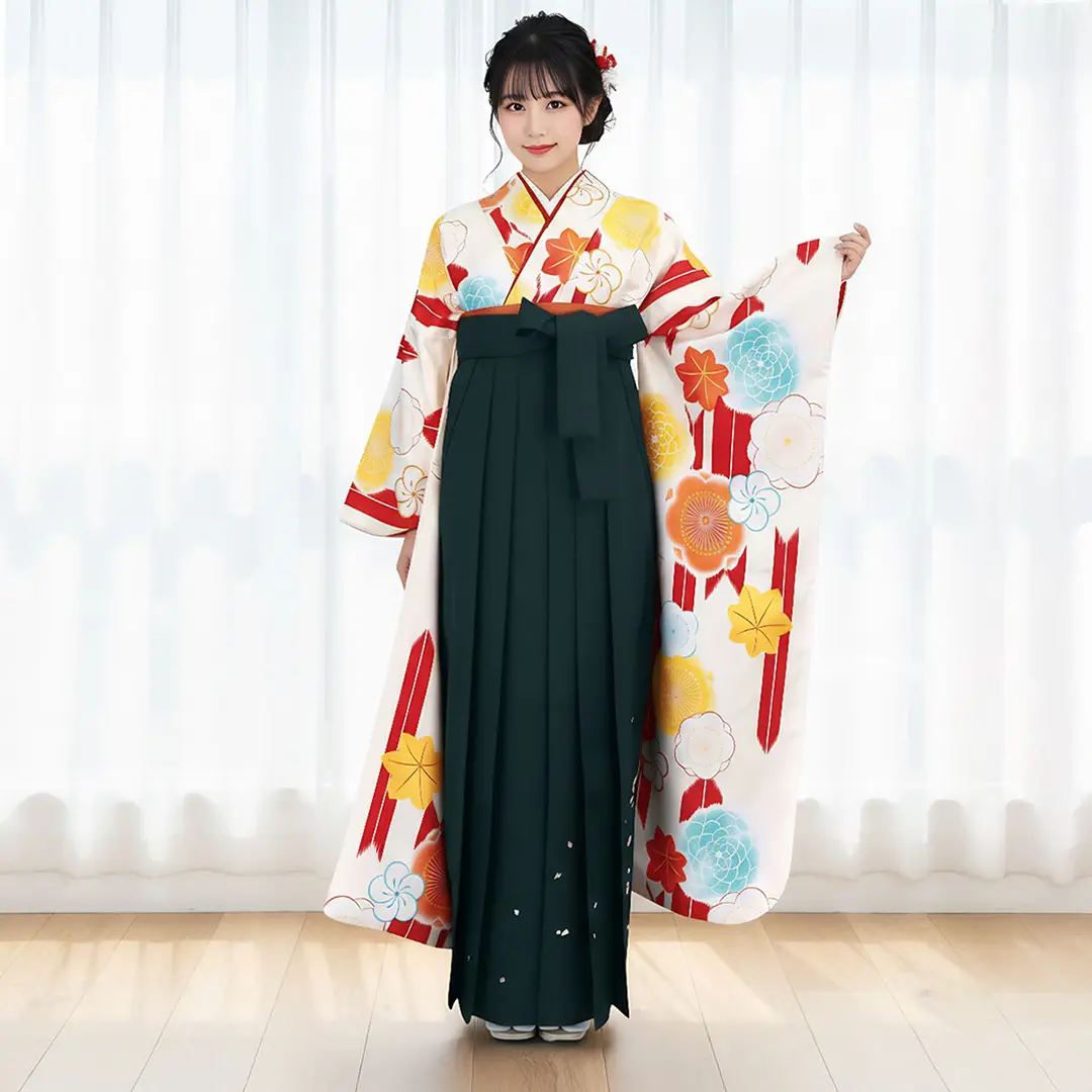 白地に赤の矢絣と梅の振袖・緑袴（刺繍） （振袖）／卒業式 | 宅配着物