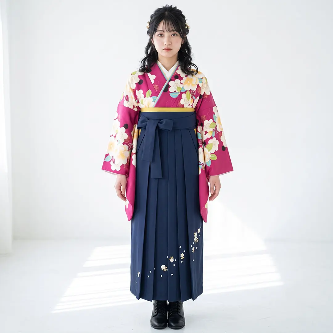 赤紫地に牡丹と梅・紺袴（刺繍） （二尺袖）／卒業式 | 宅配着物