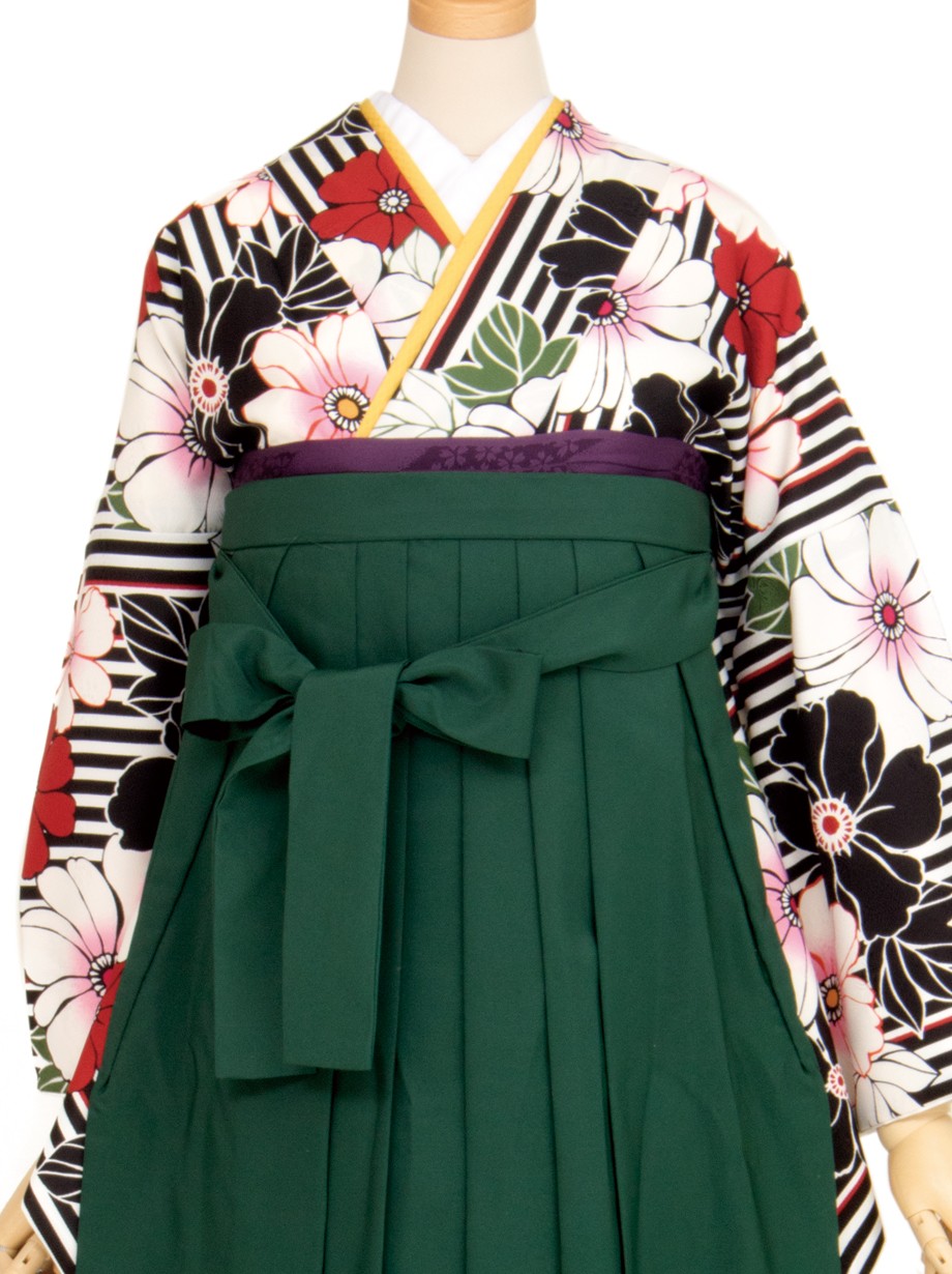 黒と白の縞に洋花 緑袴 二尺袖 卒業式 宅配着物レンタルの京都かしきもの