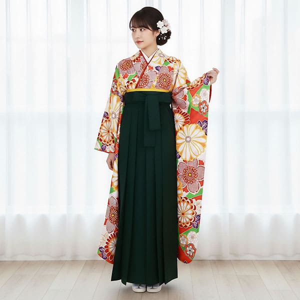 大正ロマン風のオレンジに花の振袖・深緑袴（無地） （振袖）／卒業式