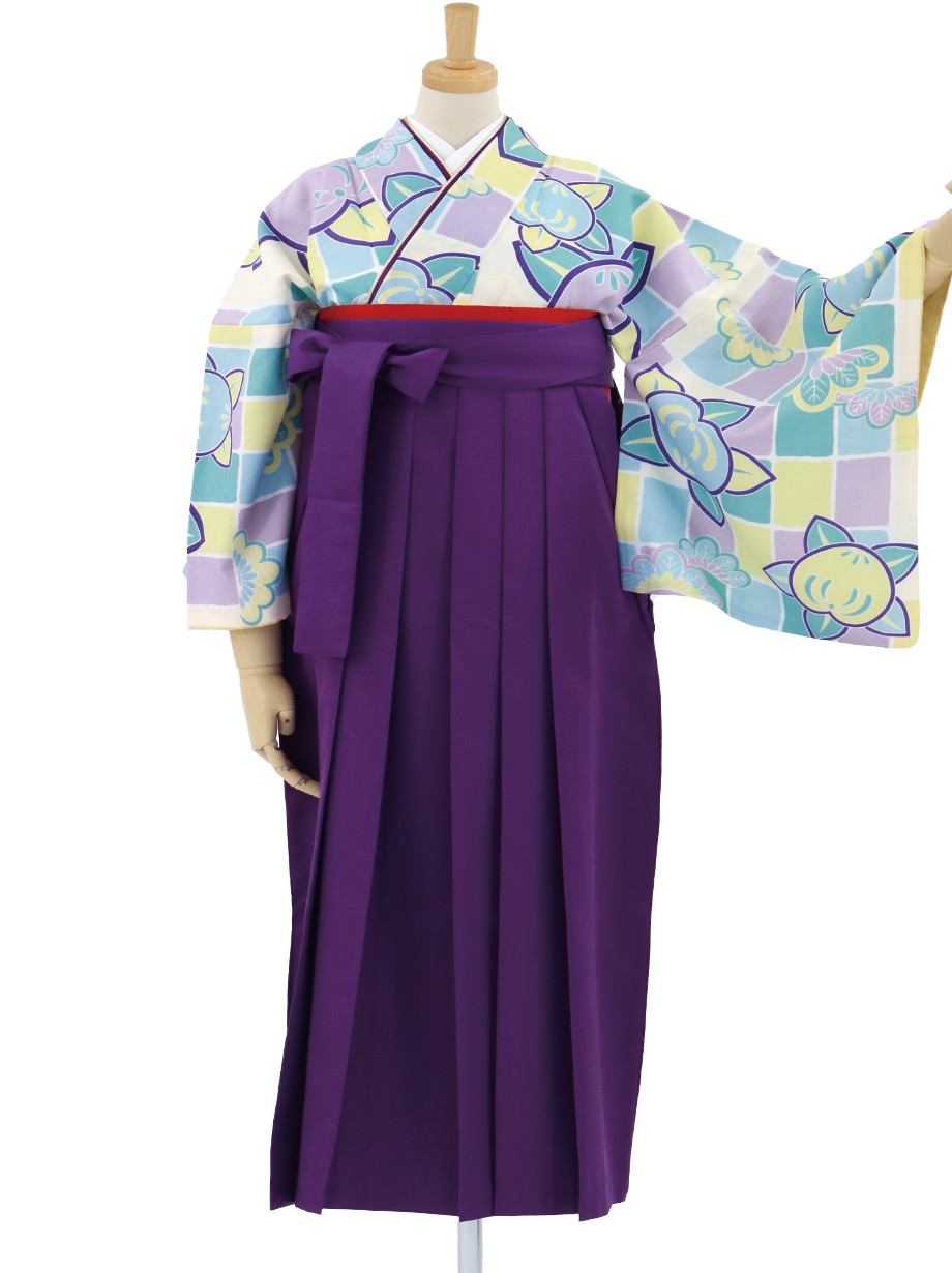 ポップな橘模様の小紋 本紫袴 無地 卒業式 宅配着物レンタルの京都かしきもの