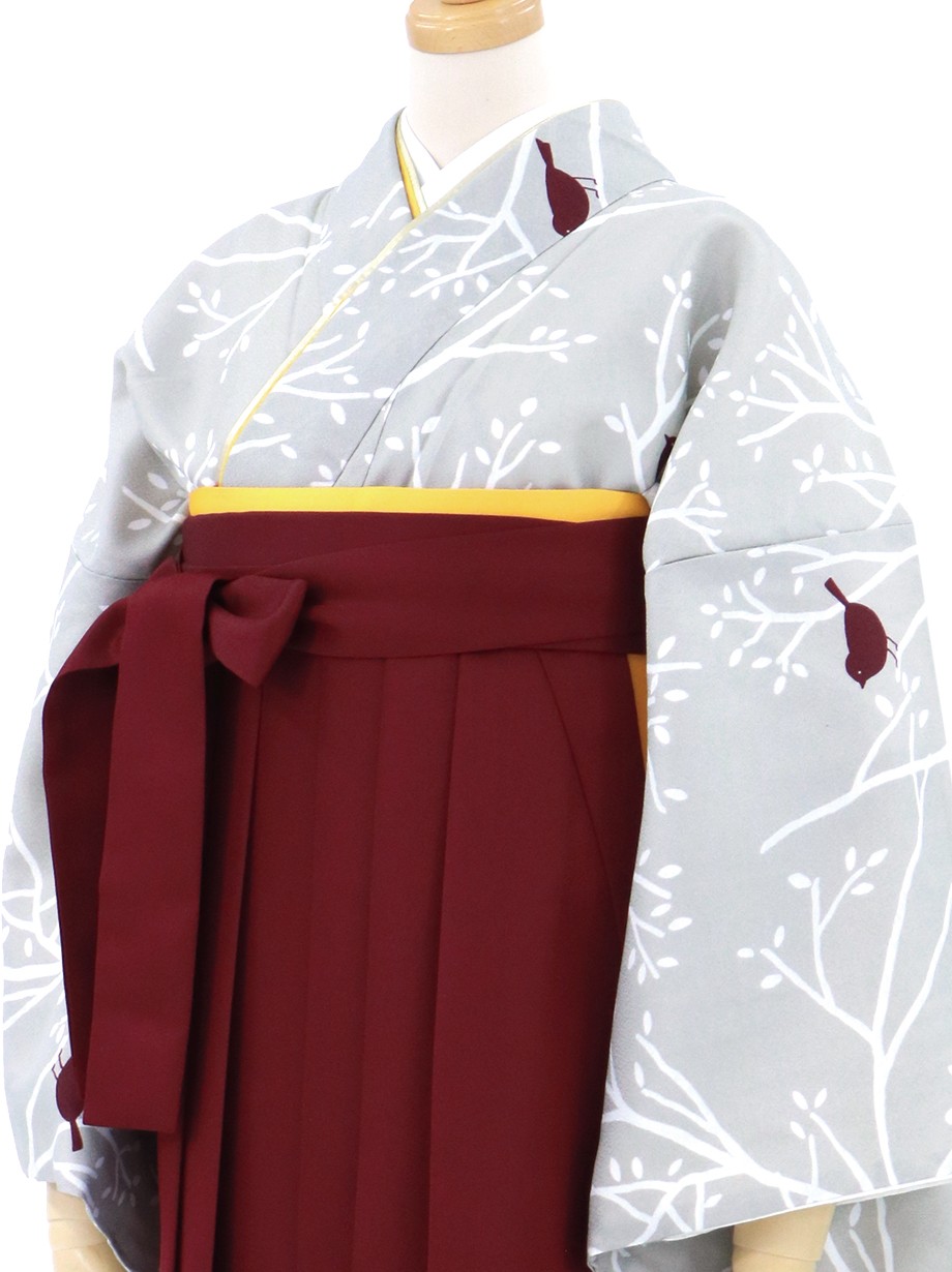 グレー地に小鳥と枝模様の小袖の着物・臙脂袴（無地） （小袖）／卒業 