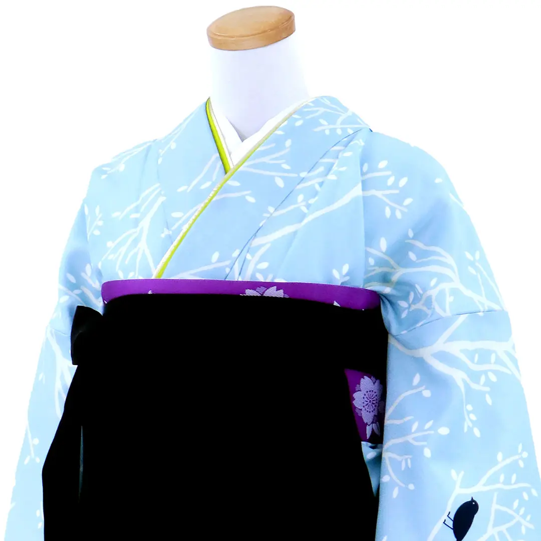 【先生におすすめ】水色地に小鳥と枝模様の小袖の着物・黒袴（無地） （小袖）／卒業式／斜め詳細