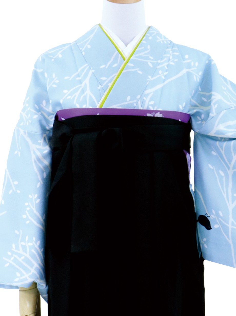 水色地に小鳥と枝模様の小紋 黒袴 無地 卒業式 宅配着物レンタルの京都かしきもの